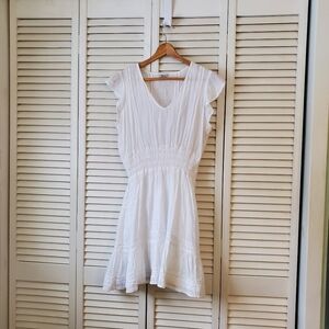 Rails Tara White Lace Linen Mini Dress V Neck Flutter Sleeve Ruffle Women's S